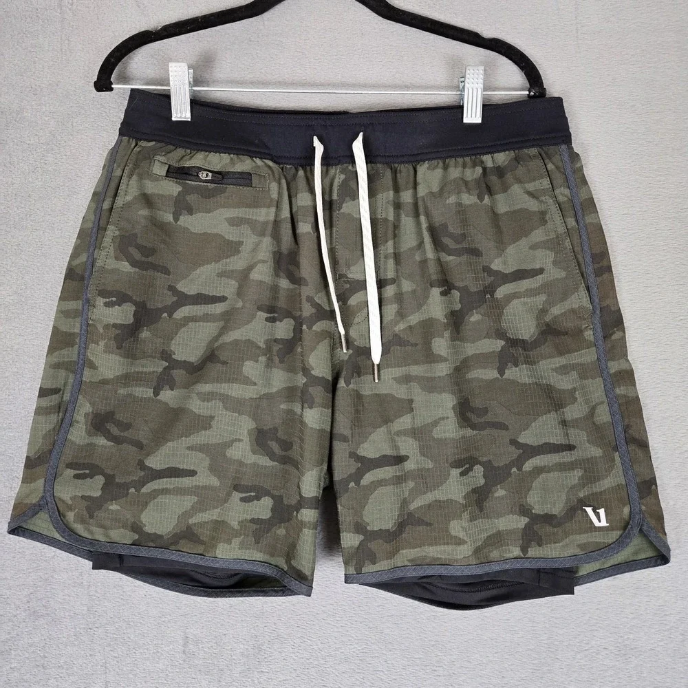 Vuori Stockton Shorts Mens 32 Olive Camo Compression Lined Performance Gym 6